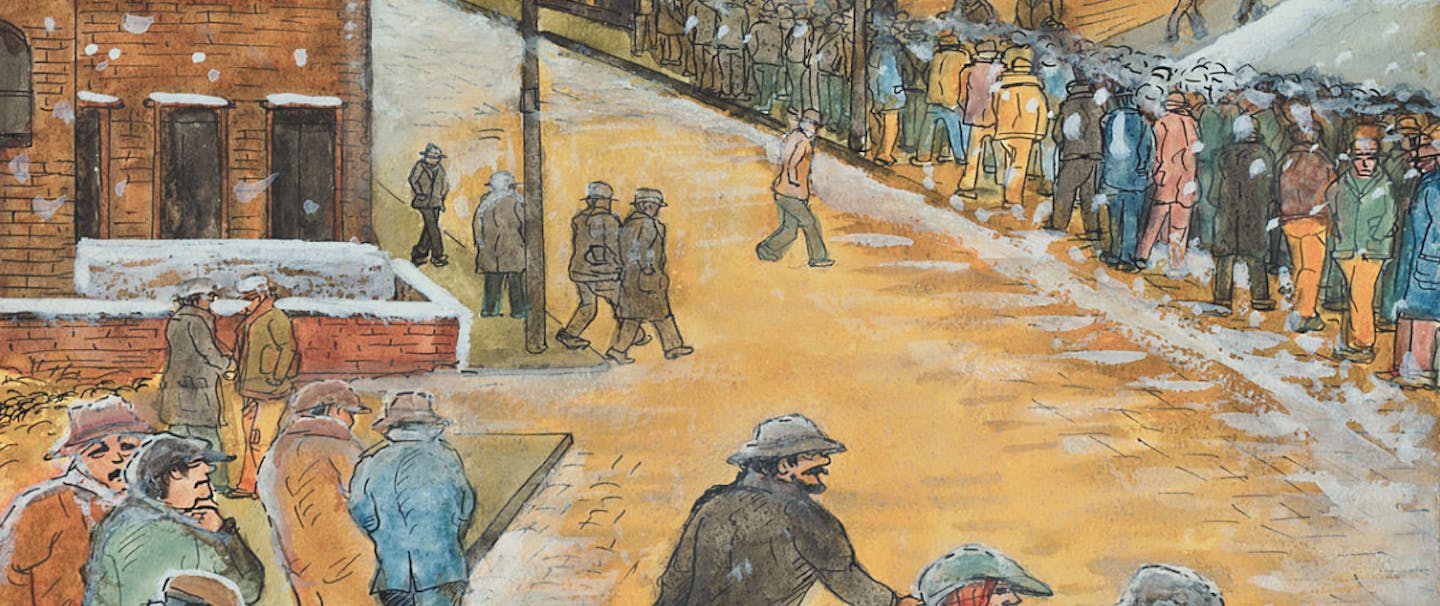 painting of people waiting in line for a soup kitchen