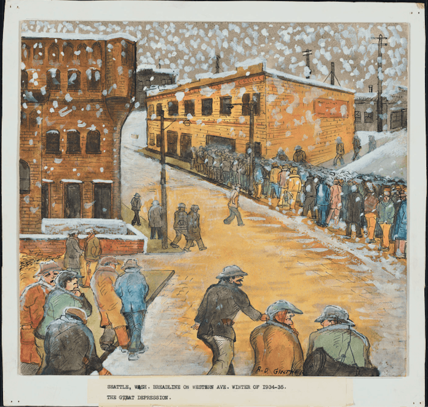 watercolor painting of a large group of people standing in a soup line