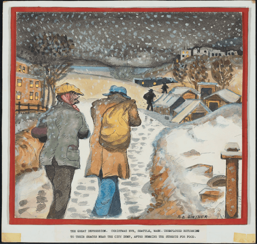 painting of people walking down a snowy path
