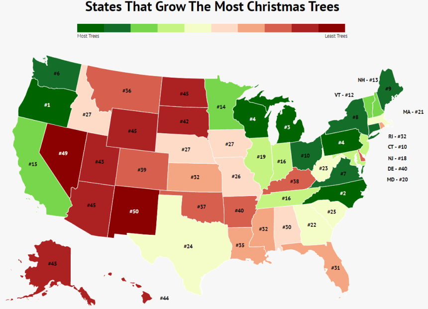 map of the USA with colored states from red to green detailing states that grow the most christmas trees