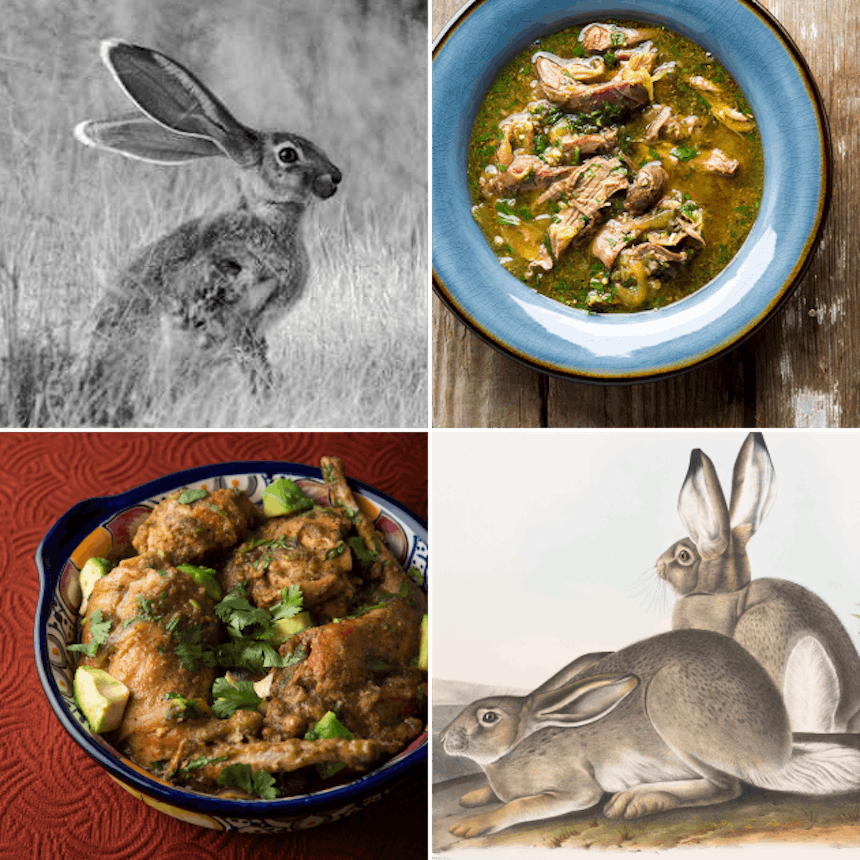 four image collage of rabits alive, in stew, and roasted