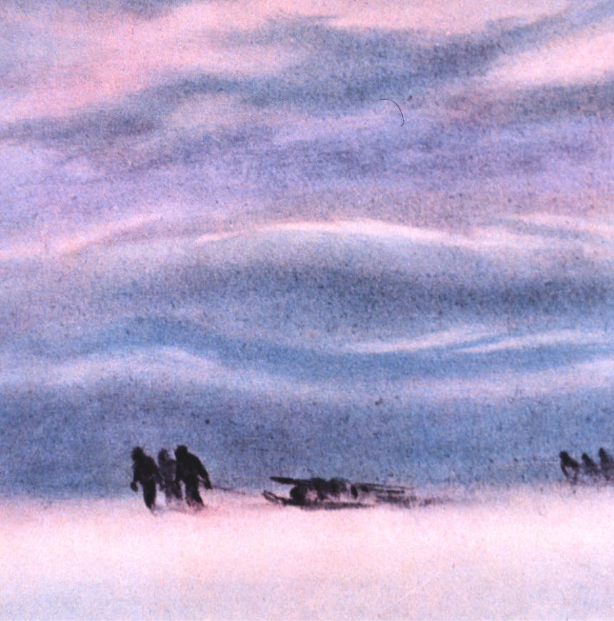 surreal old image of three people pulling a sled across a snowy ground with wavy pink and blue lightforms in the sky