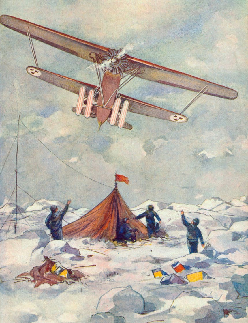 watercolor image of four people in a snowy camp site waving to a single engine propeller biplane flying over their site