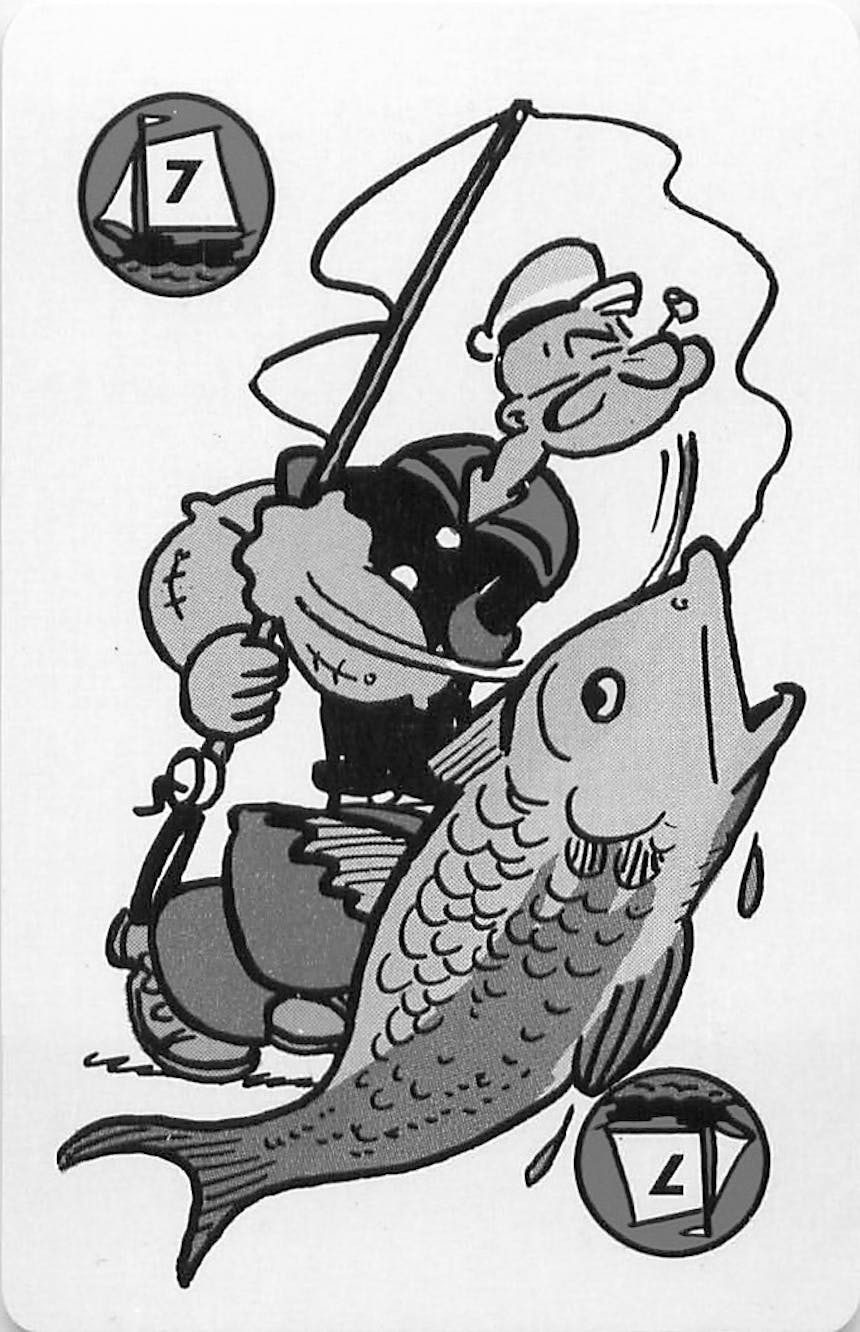 illustration of popeye fishing, catching a large fish