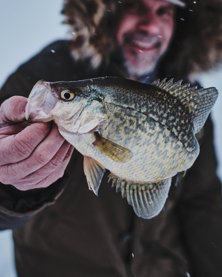 man in fur lined parka holding a fish