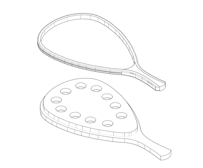 a CAD sketched schematic of a wooden fishing net without any color