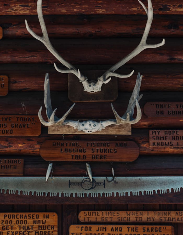 two antlers mounted to wooden blocks above an old metal handsaw with The Deming Log Show printed on it along with several wooden planks with different logging sayings on them