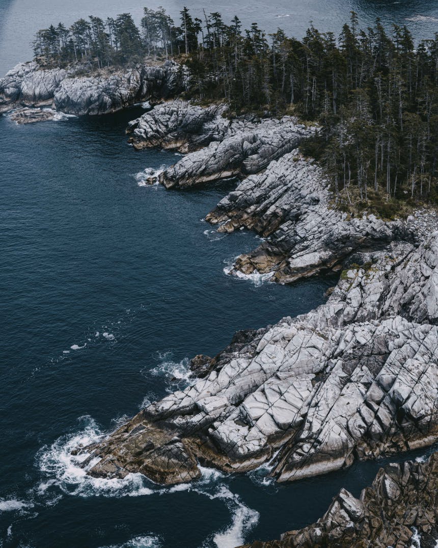 AAerial photograph of the ocean and coastline in Alaska.