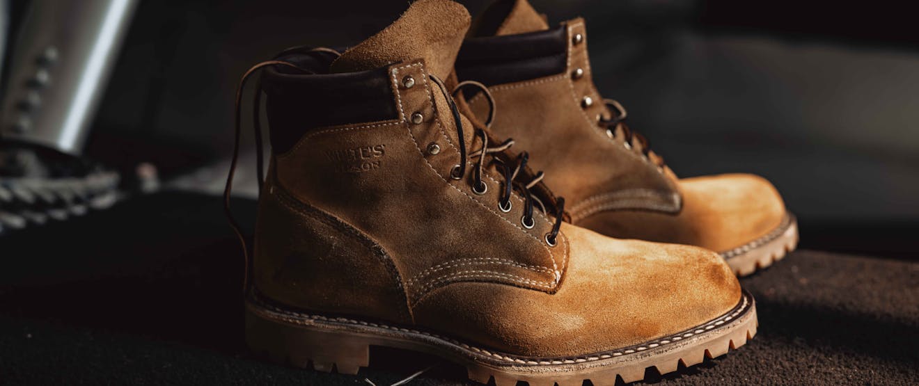 close up photo of tan 'White's Boots Filson' work boots