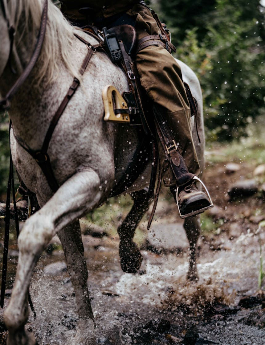 a close up of a rider riding through a stream on a white horse