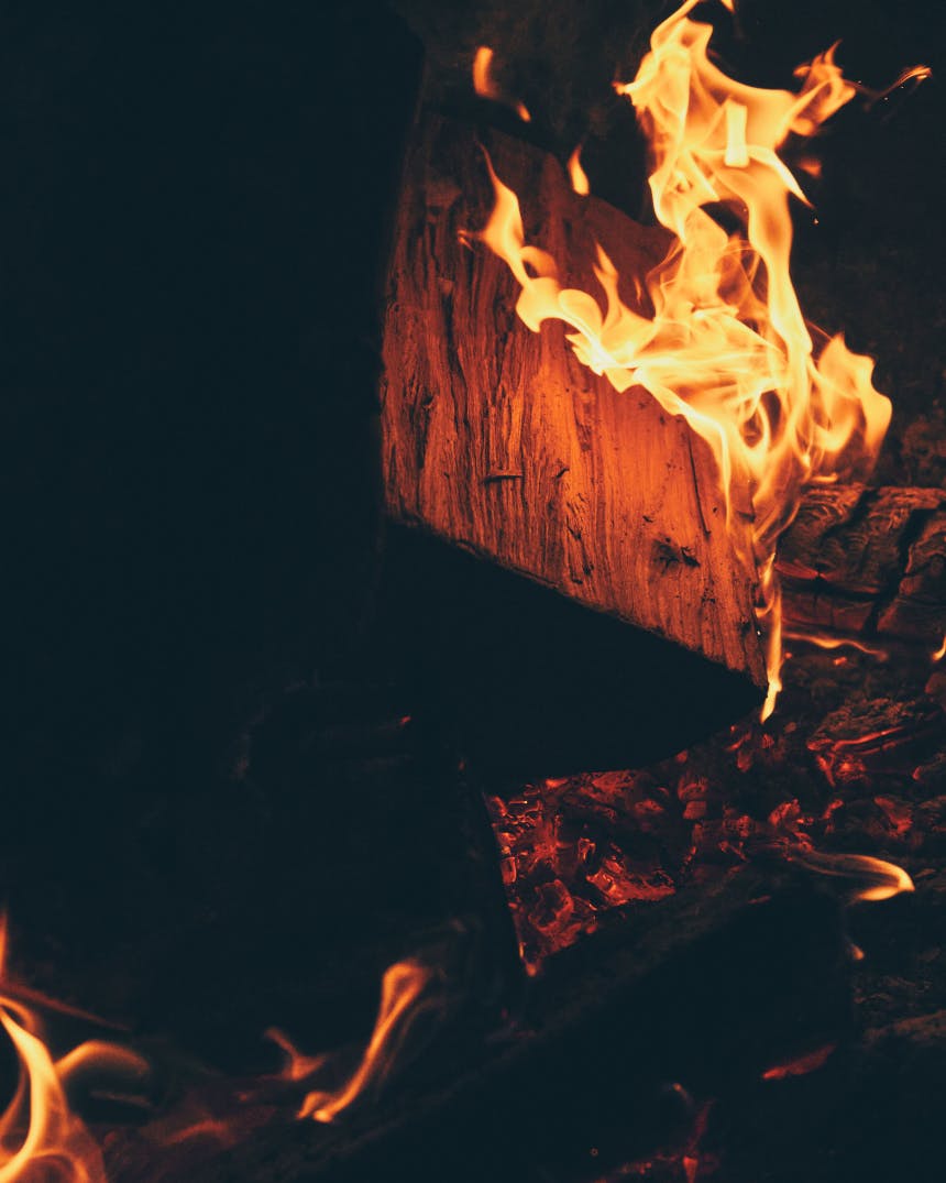 Wood log on fire