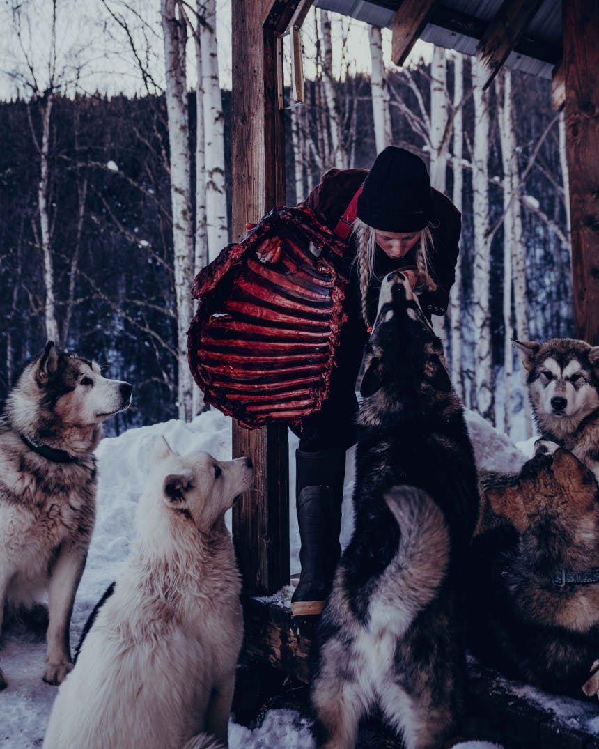 Tonje Blomseth holds animal rib cage to feed to her dogs