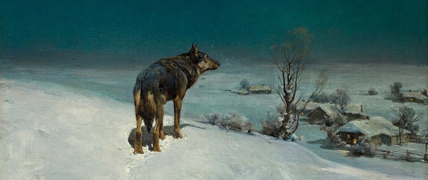 Painting of wolf on a ridge overlooking homes