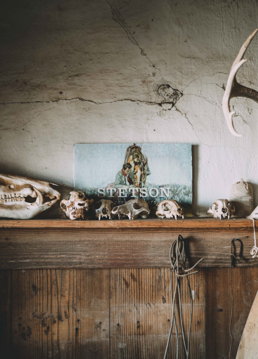 The inside of a workshop, a wooden ledge with animal skulls and a old Stetson poster of a cowboy helping his horse drink from a bucket