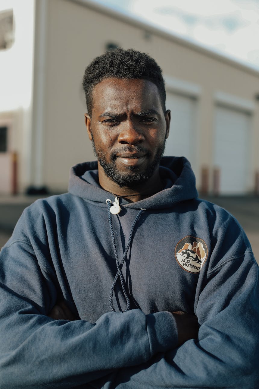 hotshot crew member portrait of man in blue sweat shirt