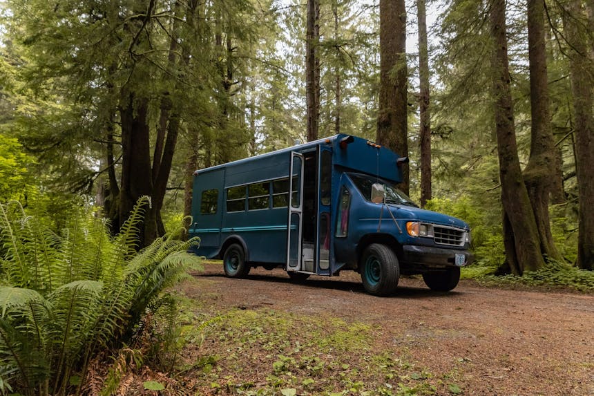 Claire's blue bus in old growth forest