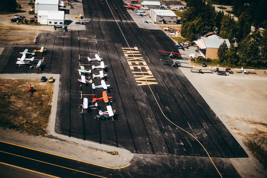 talkeetna airport tarmac with multiple small craft parked